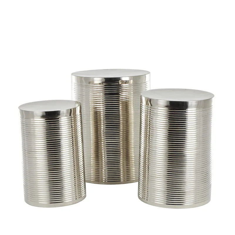 Mesa auxiliar de tambor acanalada oro/plata, juego de 3