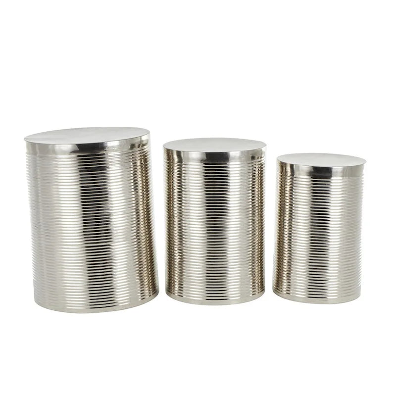 Mesa auxiliar de tambor acanalada oro/plata, juego de 3