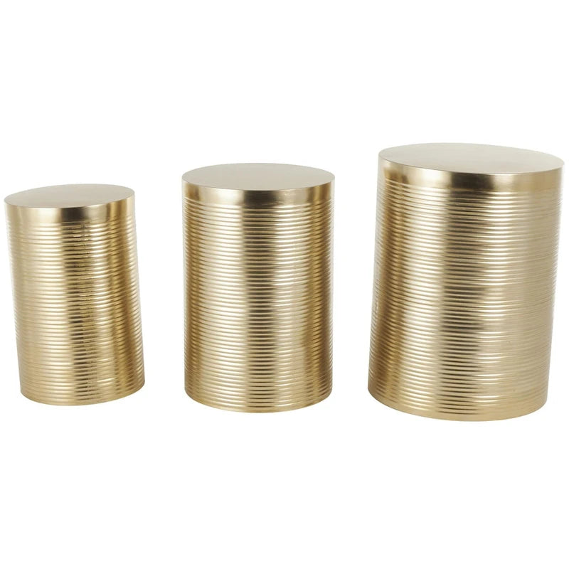 Mesa auxiliar de tambor acanalada oro/plata, juego de 3