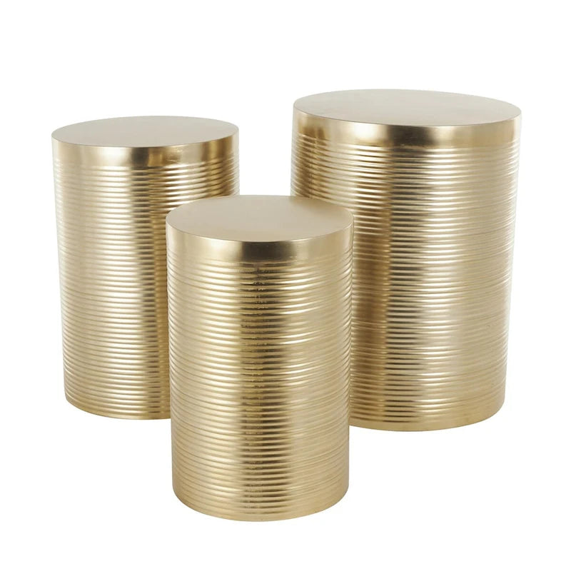 Mesa auxiliar de tambor acanalada oro/plata, juego de 3