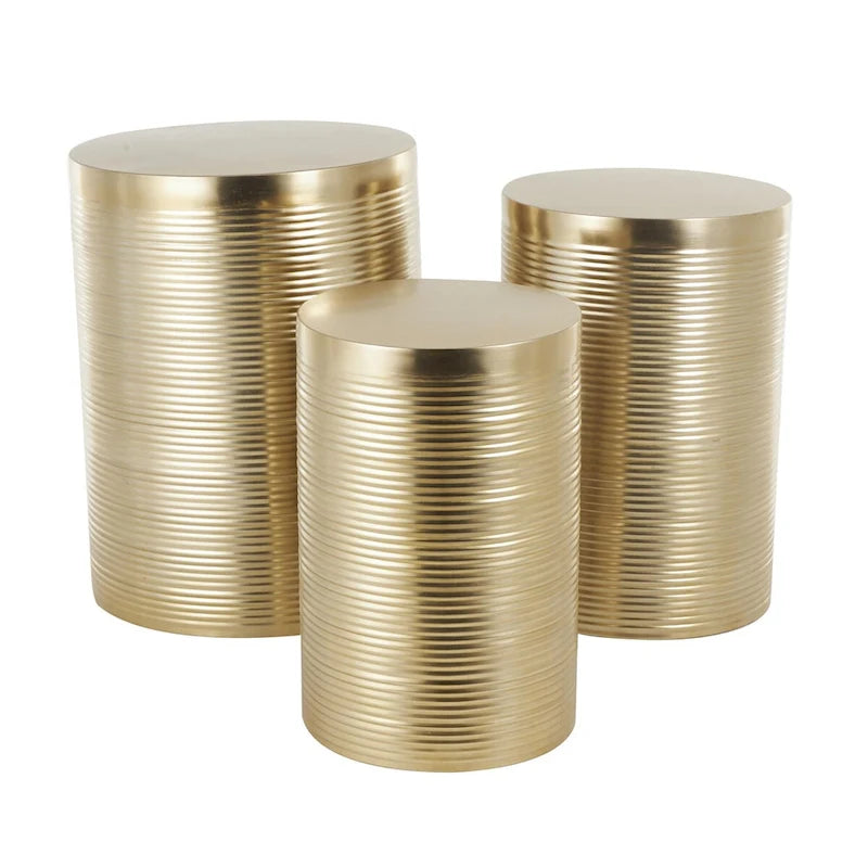 Mesa auxiliar de tambor acanalada oro/plata, juego de 3